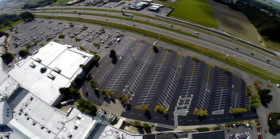 Aerial view of striped parking area